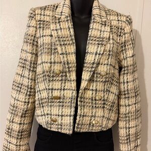 Elie Tahari Cream and Black Tweed Double Breasted Crop Blazer